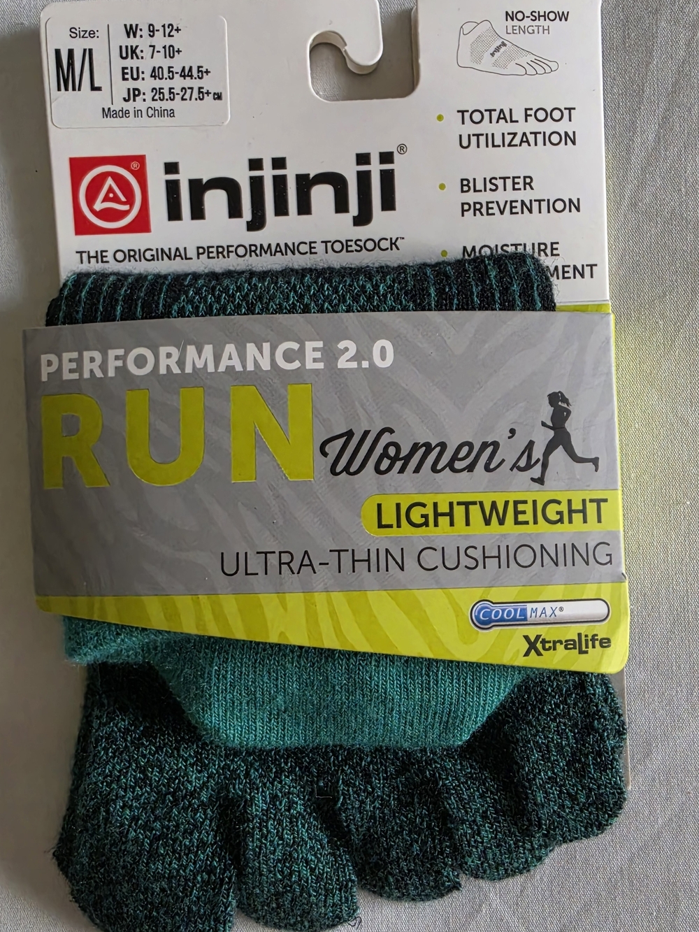 injinji Women's Run Lightweight Performance Toesocks - Teal/Black